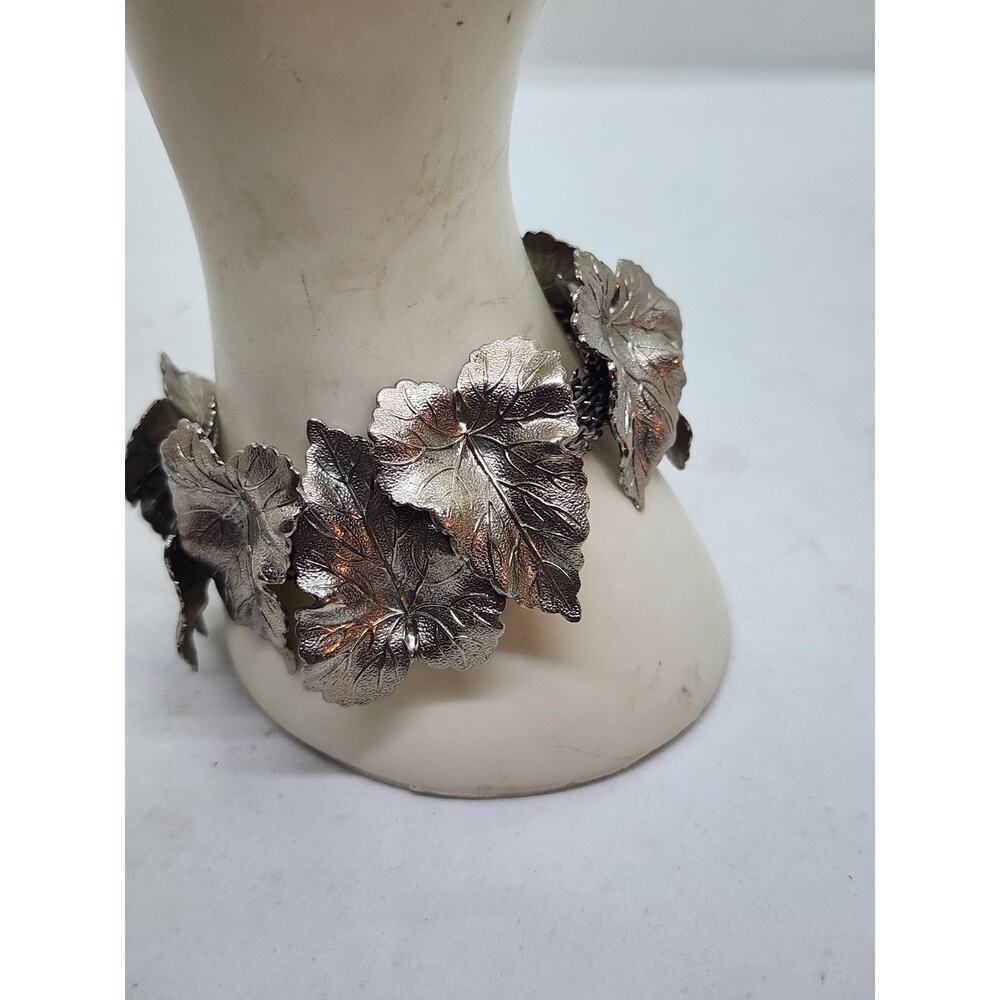 Vintage Silver Plated Leaf Cluster Chain Bracelet Wide Nature Boho